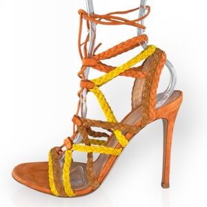 Gianvatti Rossi Orange & Yellow Lace Up Gladiator Braided Sandals Heels - IT 37